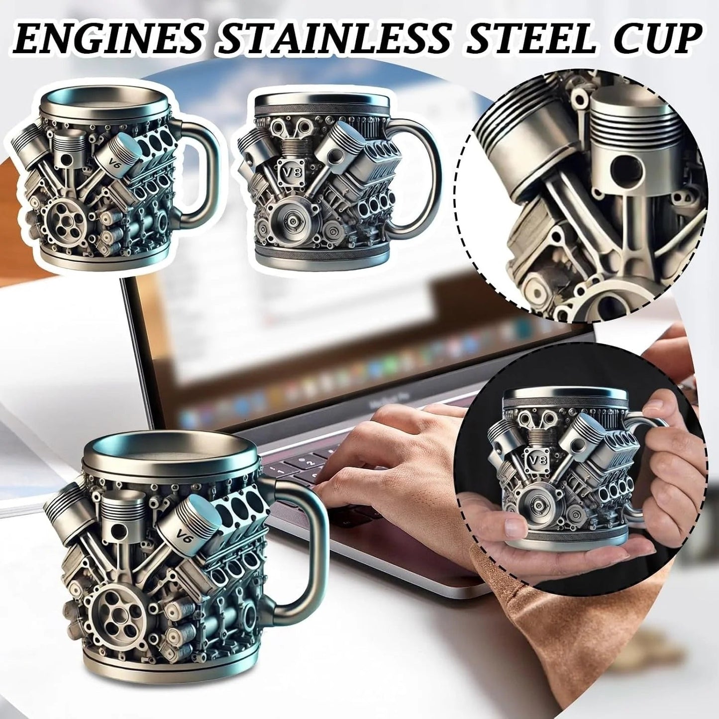 🔥Handcrafted 3D Coffee Cup-V6/V8 3D Engine Stainless Steel Mug✨