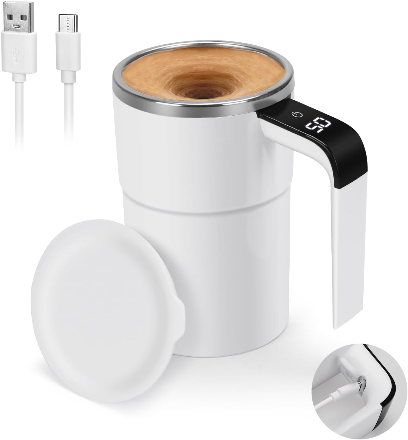 Self Stirring WHITE Mug. Auto Magnetic Coffee Mug with LED Display Temperature.