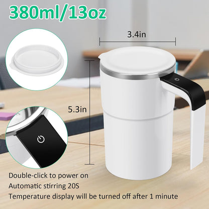 Self Stirring WHITE Mug. Auto Magnetic Coffee Mug with LED Display Temperature.
