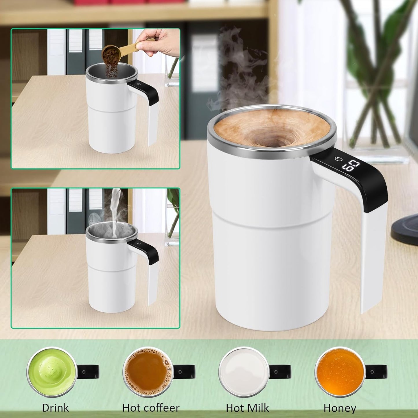 Self Stirring WHITE Mug. Auto Magnetic Coffee Mug with LED Display Temperature.