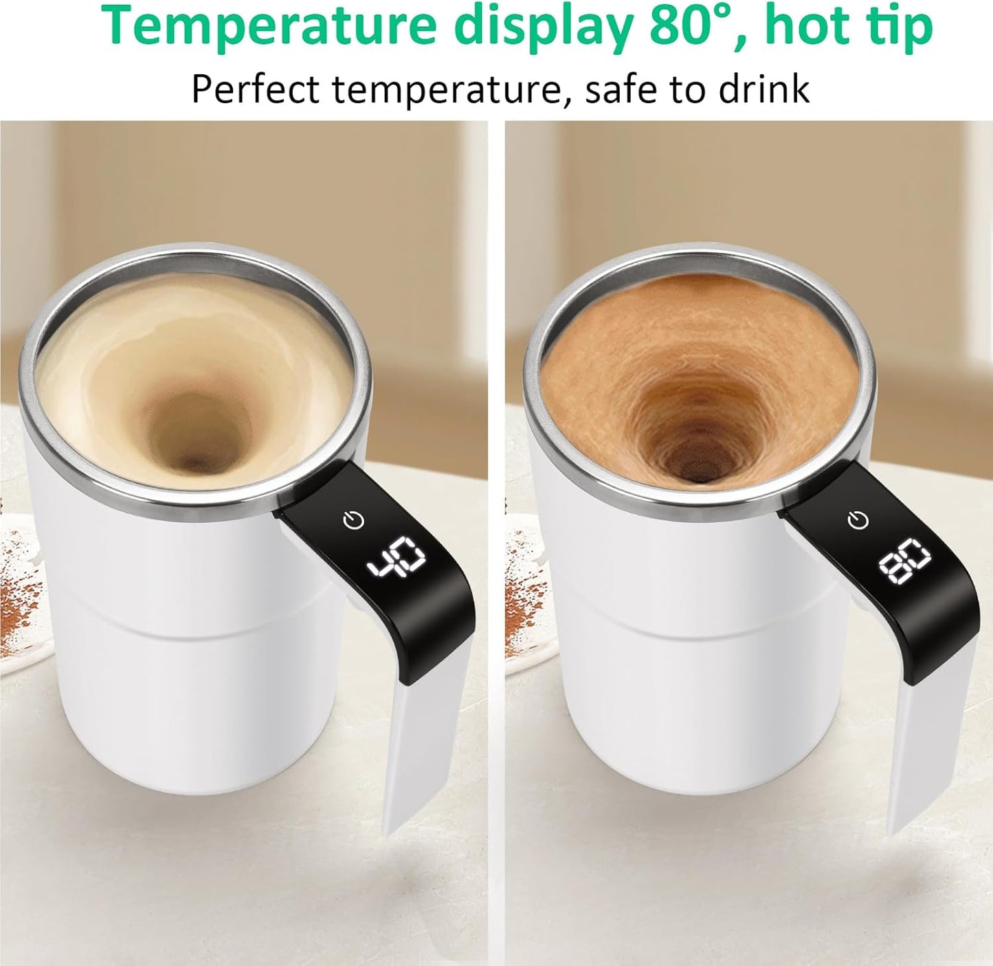 Self Stirring WHITE Mug. Auto Magnetic Coffee Mug with LED Display Temperature.