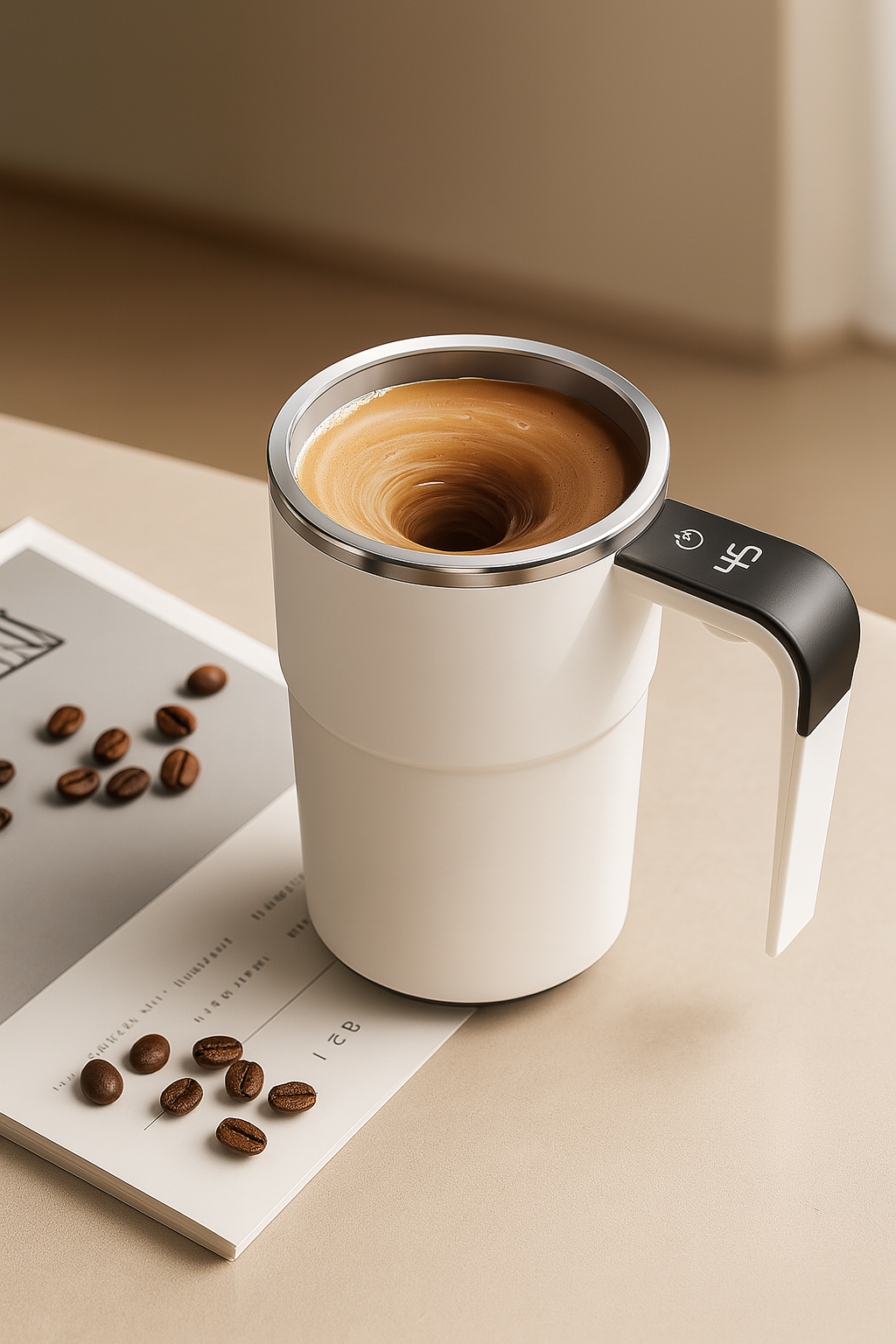Self Stirring WHITE Mug. Auto Magnetic Coffee Mug with LED Display Temperature.