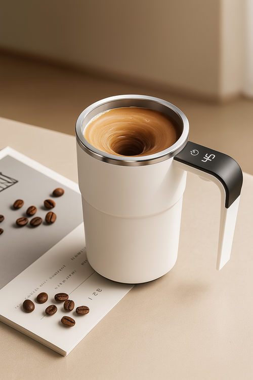 Self Stirring WHITE Mug. Auto Magnetic Coffee Mug with LED Display Temperature.