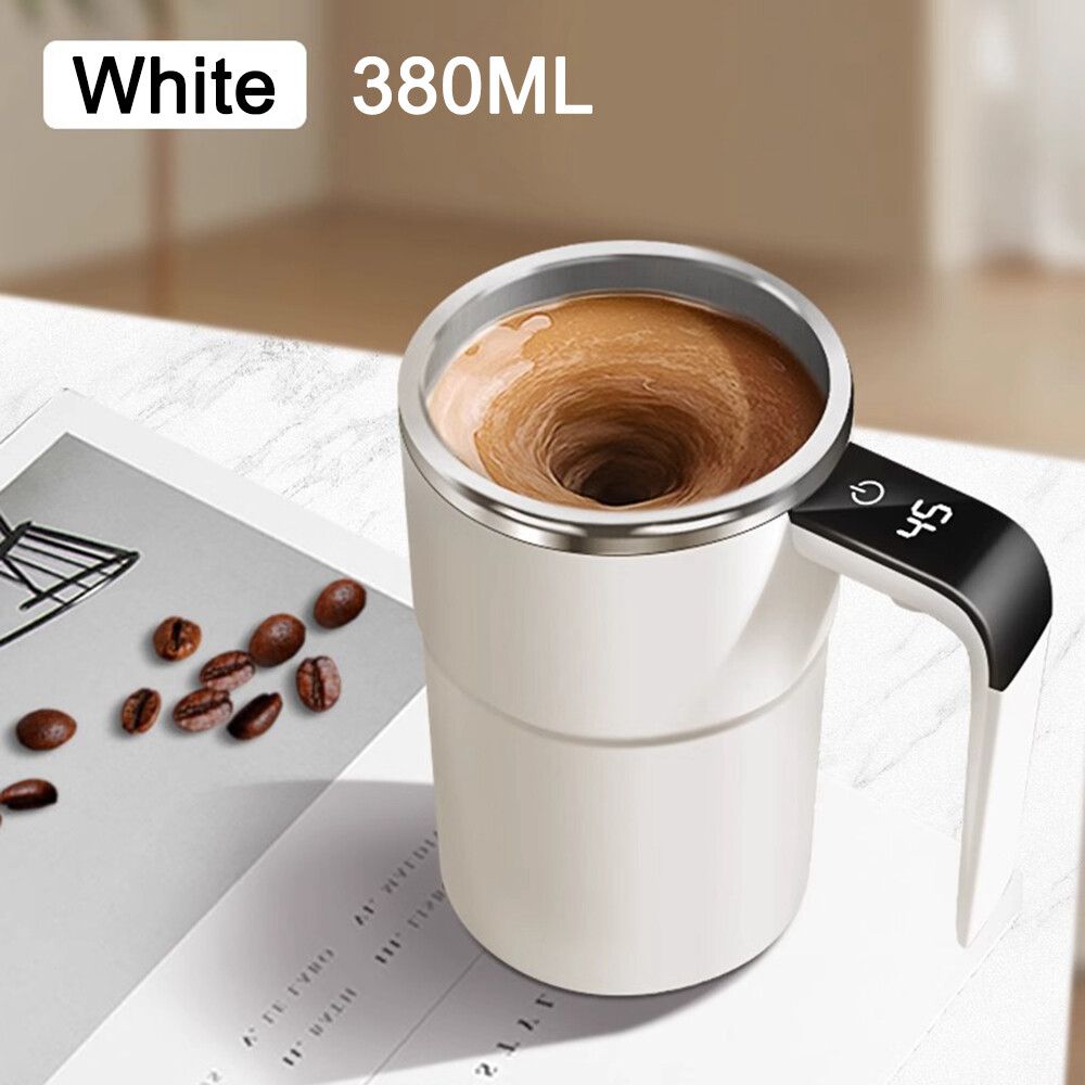 Self Stirring WHITE Mug. Auto Magnetic Coffee Mug with LED Display Temperature.