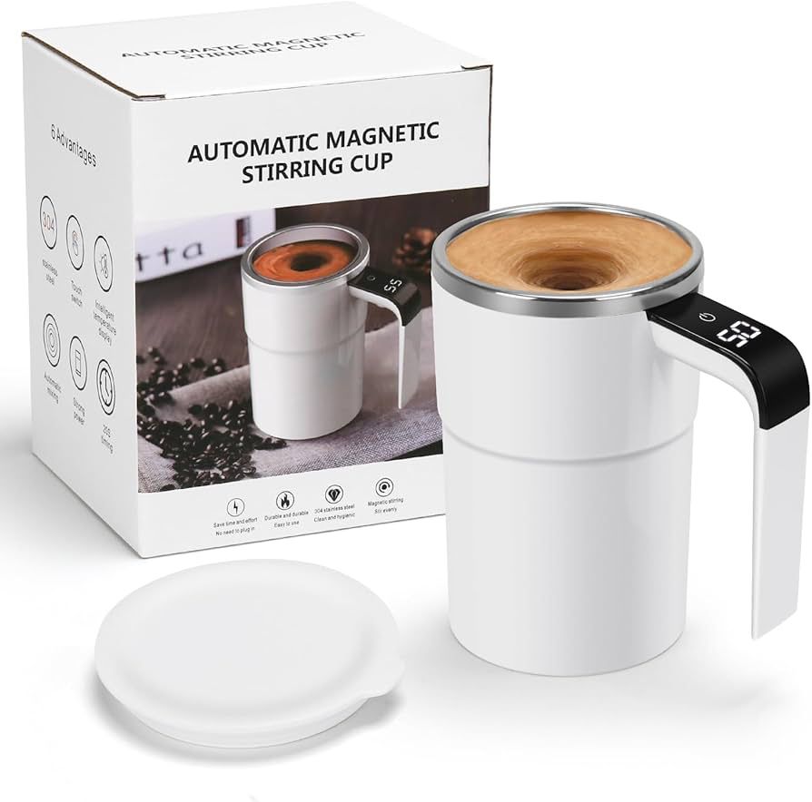 Self Stirring WHITE Mug. Auto Magnetic Coffee Mug with LED Display Temperature.