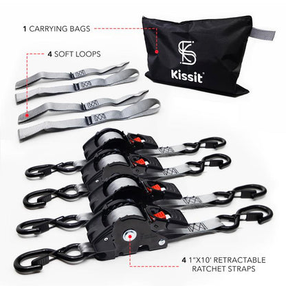 KISSIT Retractable Ratchet Tiedown Straps - 1209lb Max Break Strength - Includes 2 1" x 10 Tie Downs