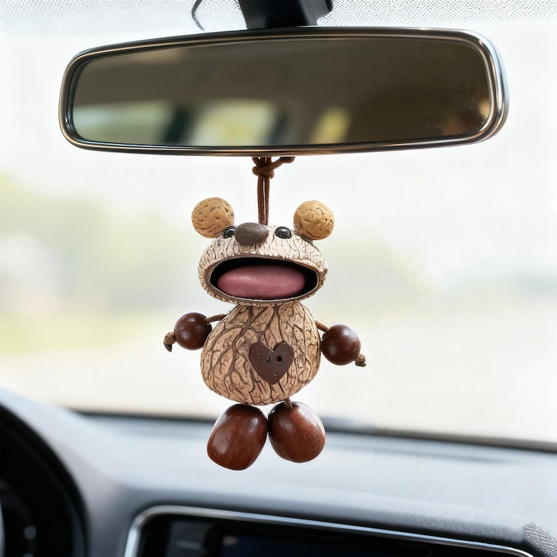 Mouse Car Charm, Nut Shell Brown Bear Ornament, Cute Animal Car Decor for Rearview Mirror, Unique Dashboard Accessory Gift for Drivers